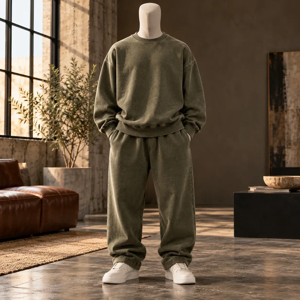 Olive green oversized heavyweight crewneck sweatshirt and matching baggy sweatpants displayed on a faceless mannequin with white sneakers in a modern industrial studio.